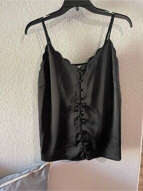 miami Black Satin Scalloped-Edge Cami with Covered Buttons